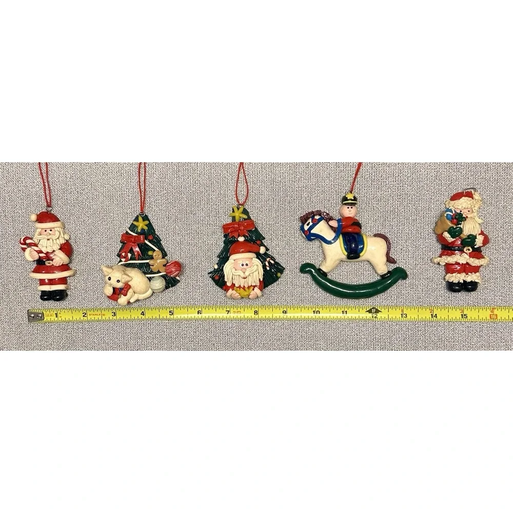 5 Polymer Clay Ornaments Christmas Tree Cat Rocking Horse Santa Nostalgic CUTE